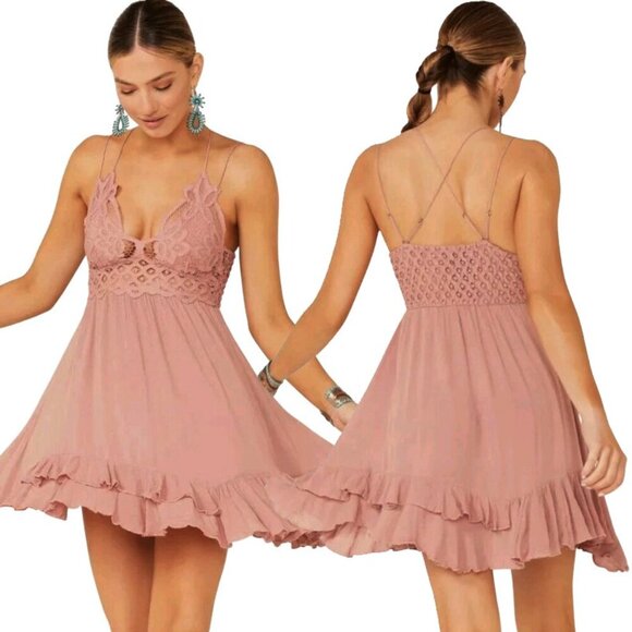 Free People One Adella Slip Dress Rose Pink Boho Lace Crochet Lacey XS - Picture 3 of 16